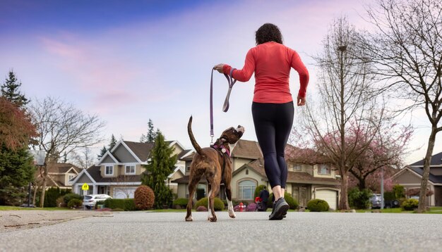 ボクサー犬と一緒に外で走っている運動白人成人女性