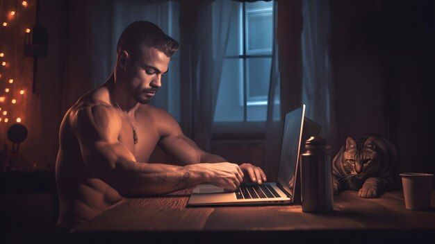 Athletic caucasian shirtless man typing on laptop pc at late evening in home office with his cat Neural network generated in May 2023 Not based on any actual person scene or pattern