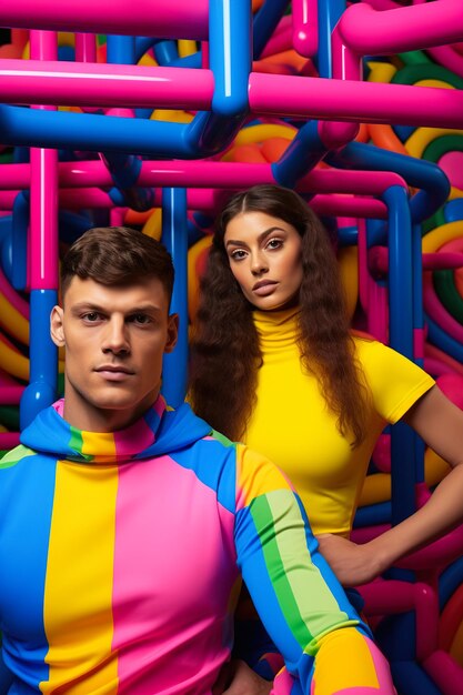 Athletic couple posing in the gym in beautiful colorful outfits