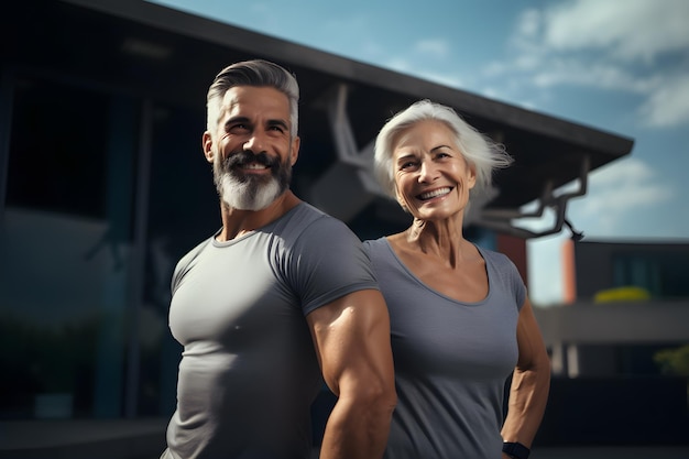 Athletic elderly muscular man and woman outdoor before workout