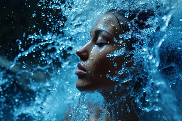 アスリート的な女性の姿は水のスプラッシュに囲まれているクローズアップの肖像画変動性の概念自由エネルギー新鮮さ