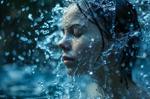 Photo athletic female figure surrounded by splashes of water close up portrait concept of variability freedom energy freshness