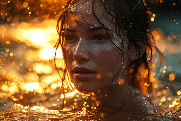 Athletic female figure surrounded by splashes of water close up portrait sunlight concept of variability freedom energy freshness