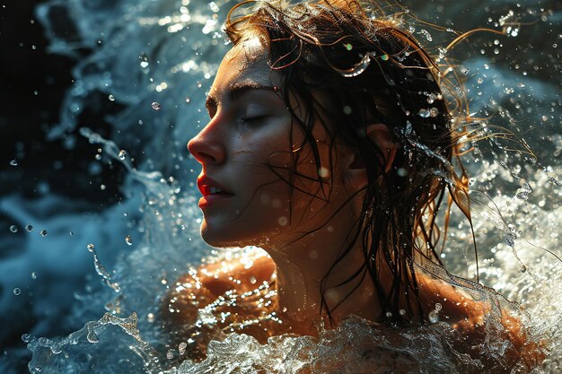 アスリート的な女性の姿 水のスプラッシュに囲まれて 近くの肖像画 太陽の光 変動性の概念 自由 エネルギー 新鮮さ