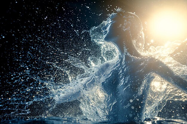 Athletic female figure surrounded by splashes of water with sunlight concept of variability freedom energy freshness on white