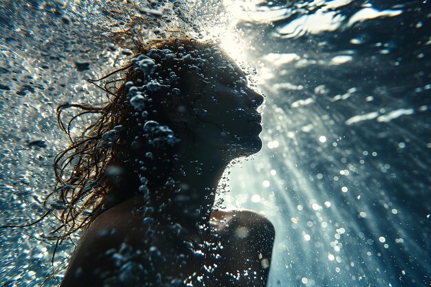 Athletic female figure surrounded by splashes of water with sunlight concept of variability freedom energy freshness on white