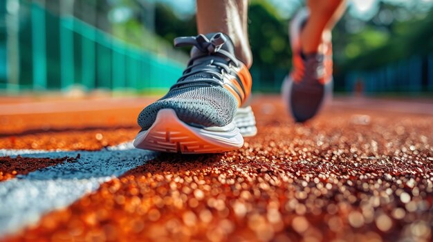 Athletic footwear Sportman getting ready for race on running track