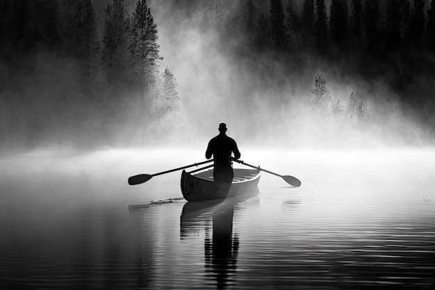 Athletic guy in silhouette paddling a boat on a misty lake