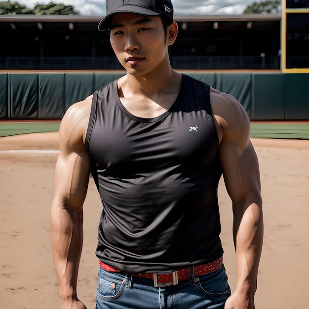 Photo athletic handsome and muscular young asian guy with baseball hat and tank top looking at camera