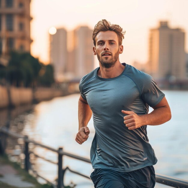 Athletic handsome young man running in the city by the river