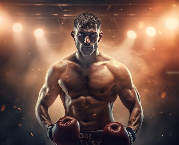 Foto immagine atletica di un pugile senza maglietta con guanti da boxe nel ring in mezzo al fumo delle luci