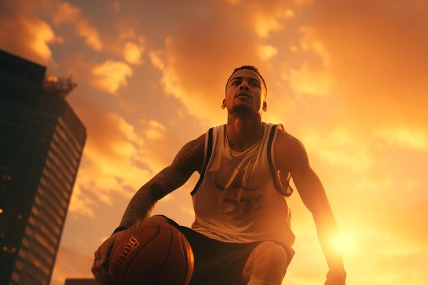 Athletic male basketball player training outdoor at sunset sport and competition concept