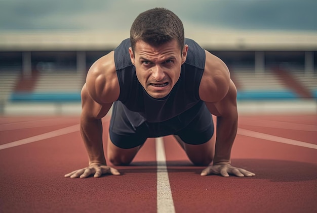 Photo athletic male person on stadium crouching backwards starting line