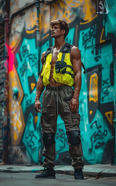 Photo athletic male street rebel model with energy shield vest bal high fashion trendy pose collection