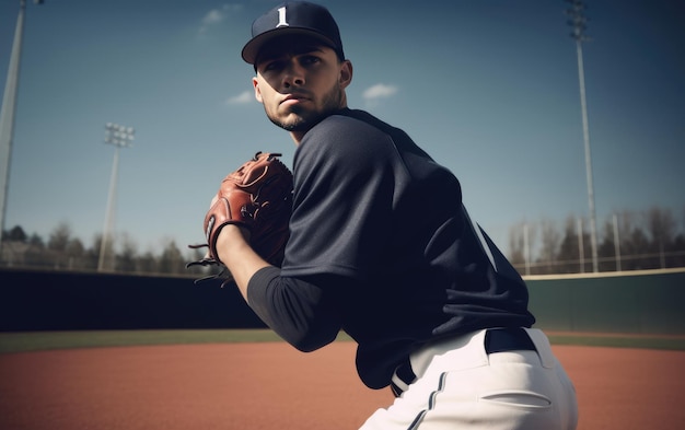 athletic man baseball player pitching a ball baseball catcher sports uniform ai generated