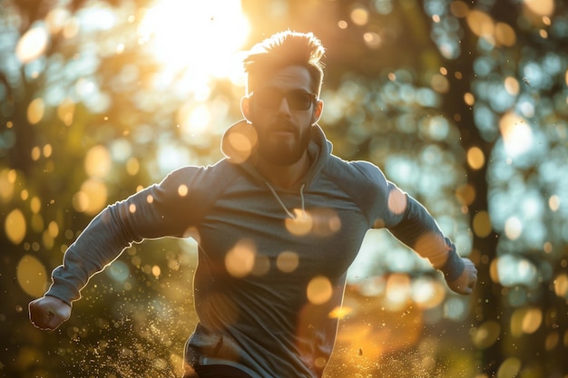 Athletic man loopt in een zonnig bos met zonlicht filteren door de bomen het creëren van een dy