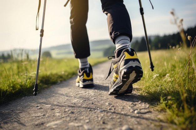 Athletic Man practicing nordic walking with poles outdoor Generate Ai