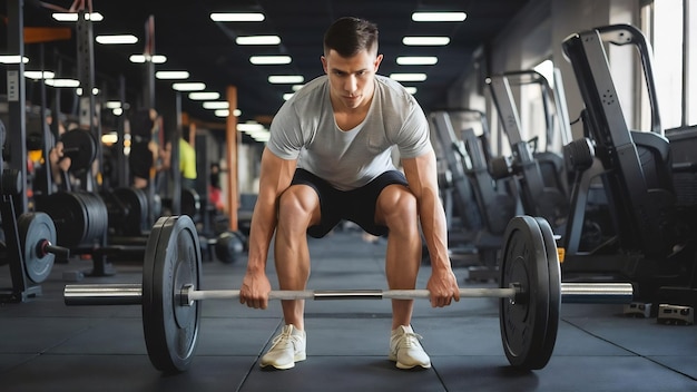 Athletic man preparing barbell for weight training in a gym copy space