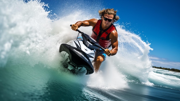 Athletic man riding a wakeboard in the ocean