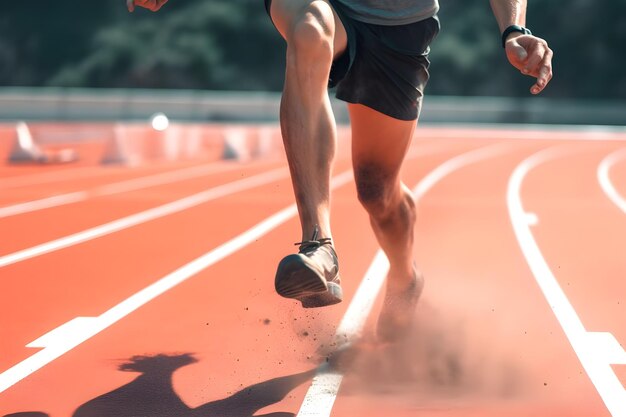 athletic man running on racetrack at morning closeup