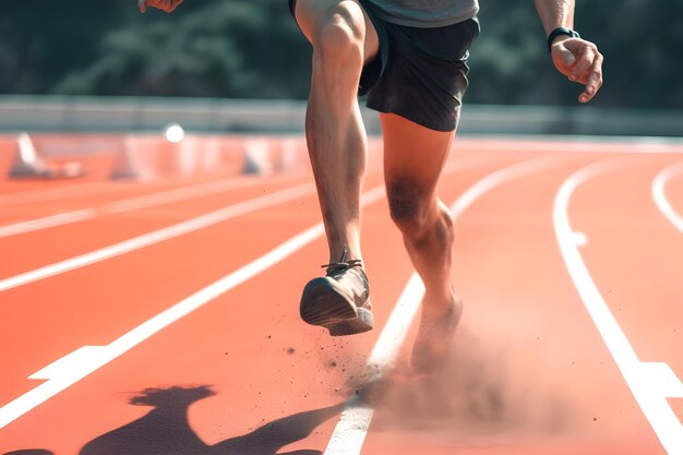 朝のクローズアップでレースコースで走っているアスリートの男