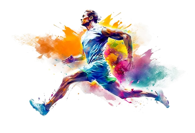 Athletic man runs doing sports on a white background with an explosion of colored paint