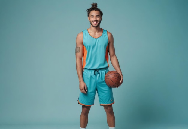 An athletic man in a teal basketball uniform holds a ball ready for a game his posture exuding