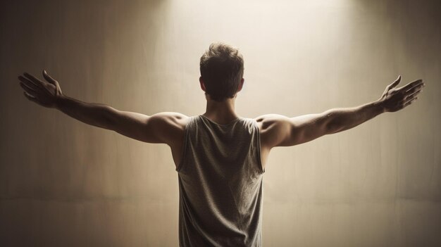 Photo athletic man with arms outstretched in front of black backgroundgenerative ai