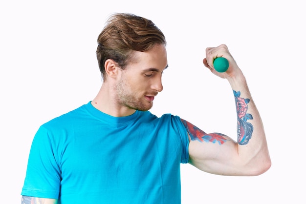 athletic man with inflated arm dumbbell biceps workout High quality photo