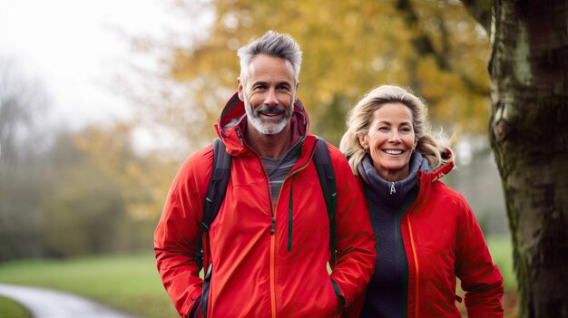 Athletic MiddleAged Couple Walking Red Sports Jackets