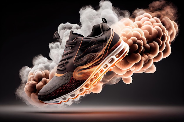 Athletic shoes flying in the air with magical smoke showing off their abilities