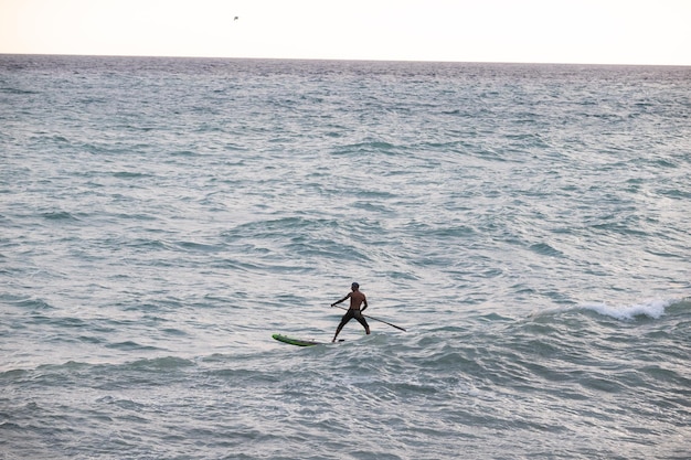 athletic wiry surfer guy swims with a paddle on a sup board in the sea Stand up paddleboarding