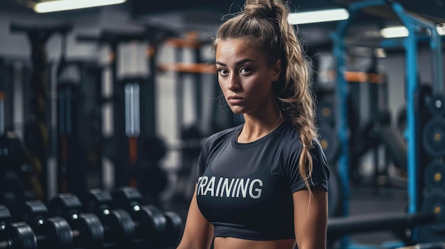 Athletic Woman Determined For Her Workout In A Gym And Wearing A TShirt Marked TRAINING