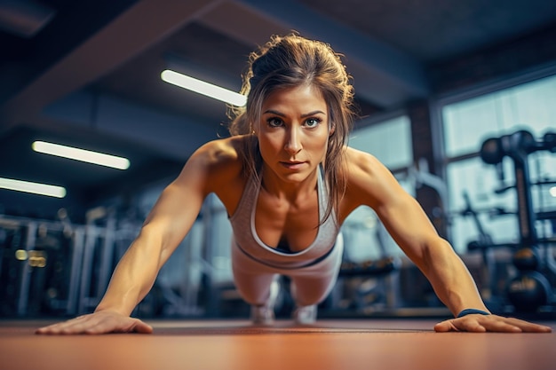 An athletic woman does pushups at the gym