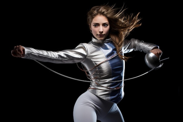Athletic woman in fencing gear with foil against black studio background