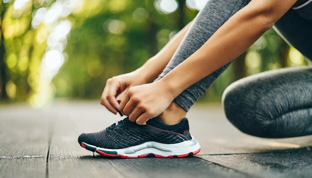 athletic woman flawless skin bare arms putting on sneakers exuding strength and determination in