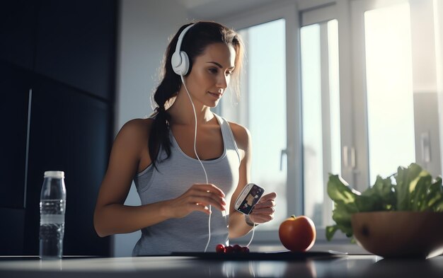 사진 야채 와 과일 로 스무시 를 준비 하고 음악 을 듣고 있는 운동 여자