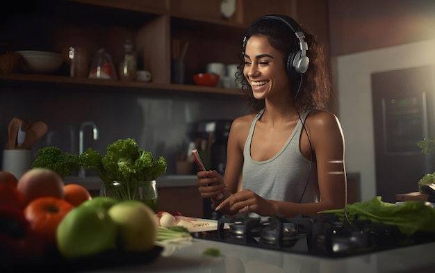 Athletic woman preparing smoothie with vegetables and fruits shaker listening music