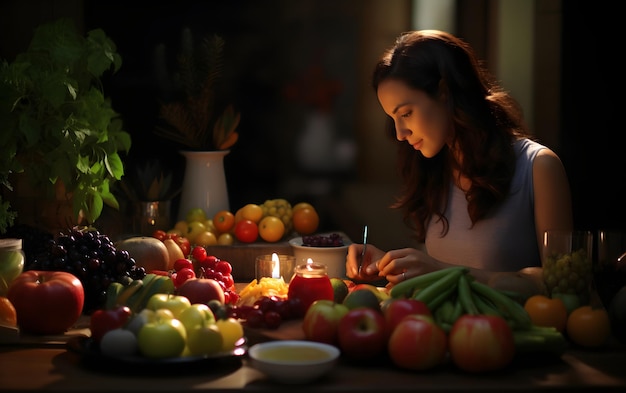 Athletic woman preparing smoothie with vegetables and fruits shaker listening music