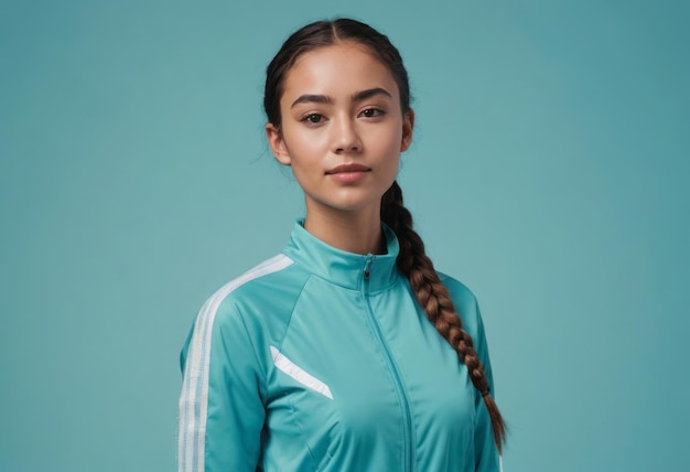 Photo an athletic woman with a braid stands confidently in a light blue sports jacket