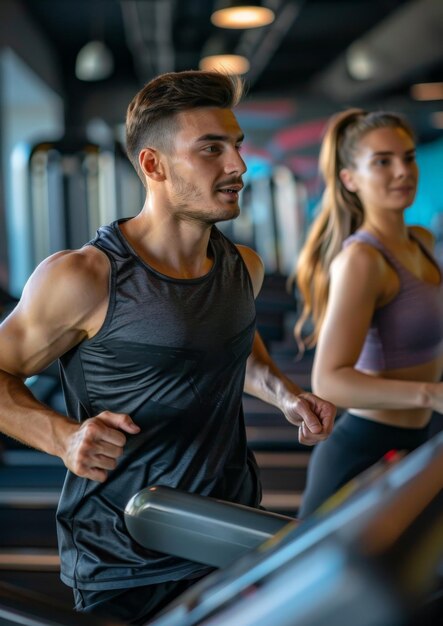 Athletic young man and beautiful young woman running on a treadmill in a modern sports center