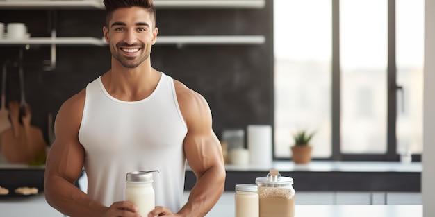 Спортивный молодой человек пьет протеиновый коктейль или молоко стоит возле стола со здоровыми и полезными продуктами на кухне.