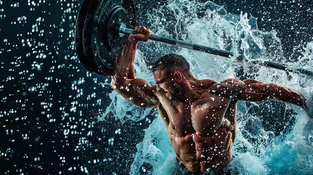 Photo athletic young man lifting weights with water splash