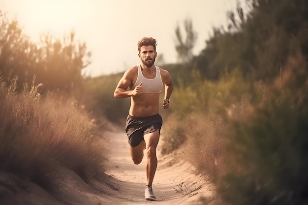 Фото Спортивный молодой человек, бегущий на природе, концепция здорового образа жизни. нейронная сеть, сгенерированная в мае 2023 года.