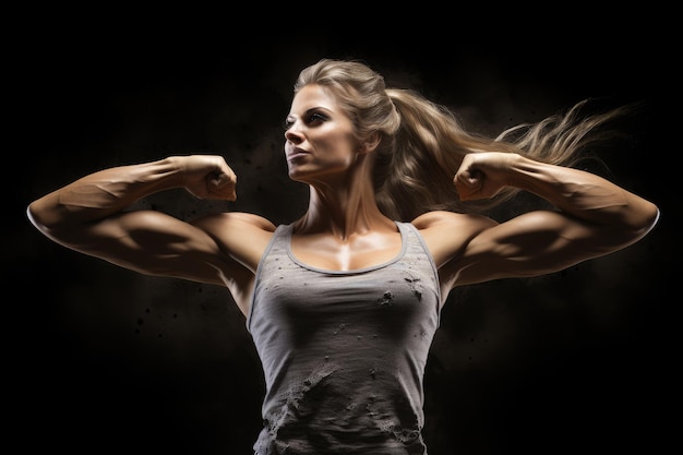 Photo athletic young woman flexing her muscles over black background a fitness girl with arms stretched out displaying detailed muscles ai generated