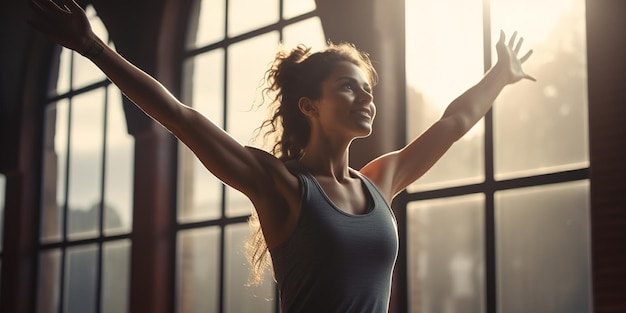 Foto giovane donna atletica che posa davanti alla luce del sole mattutino