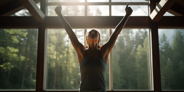 Photo athletic young woman posing in front of a morning sunlight