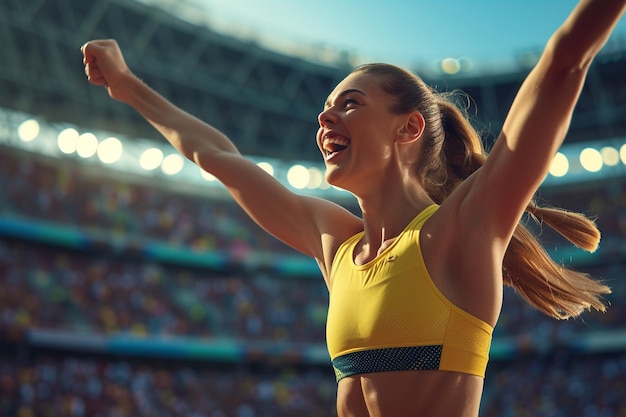 Athletic young woman runner celebrating her victory in a stadium with AI generated