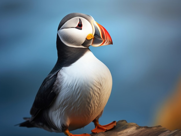 Atlantic puffin bird standing on the rock over the sea