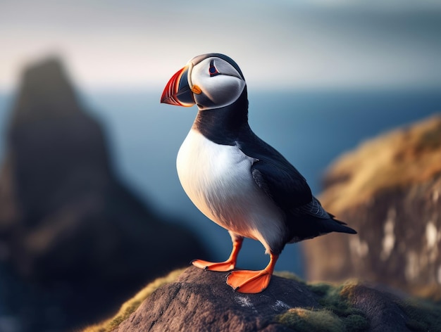 Atlantic puffin bird standing on the rock over the sea